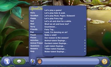 The SpeedChat menu, with phrases to choose from